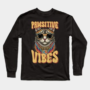 Pawsitive Vibes, Retro Groovy Style Hippie Cat Lover Design Long Sleeve T-Shirt